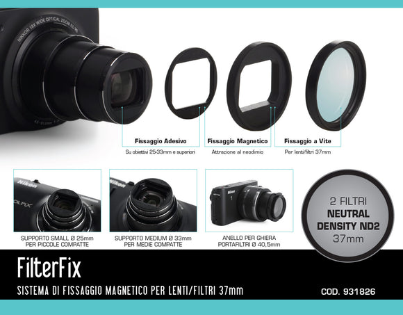 NITAL 931826 KIT FILTERFIX  Consente l'uso di filtri/lenti 37mm x Compatte Digitali Foto/Videocamere  prive di ghiera + 2 Filtri ND2 37 mm .