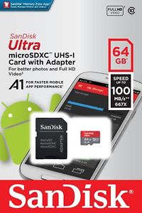 SANDISK MICRO SD 64 GB C10 UHS U1 + CARD ADAPTER 100 MB/s