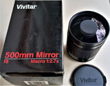 VIVITAR 500mm F.8 MIRROR REFLEX Catadiottrico M.F. Macro 1:2,7 C/Astuccio Filtri ND2-ND4-SK-UV  NUOVO GARANZIA FOWA Adatt T2